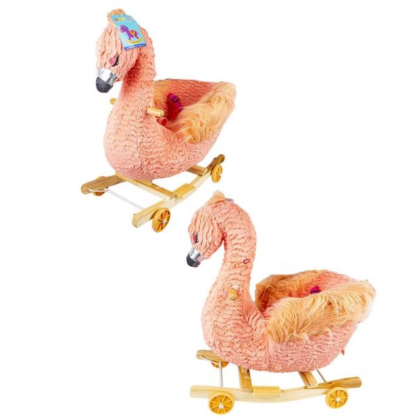 Balansoar pentru bebelusi, Flamingo, lemn + plus, cu rotile, roz, 66 cm - imagine 3