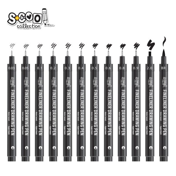 Fineliner, diferite dimensiuni 0.03-2 mm + varf tip pensula, 12 buc/set - S-COOL - imagine 2