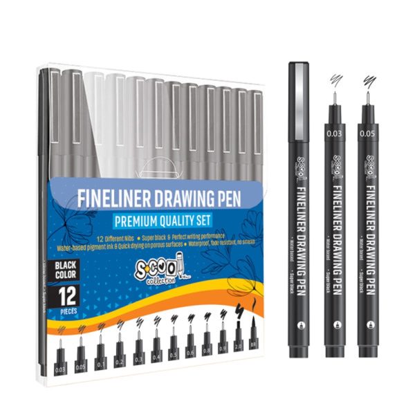 Fineliner, diferite dimensiuni 0.03-2 mm + varf tip pensula, 12 buc/set - S-COOL - imagine 3