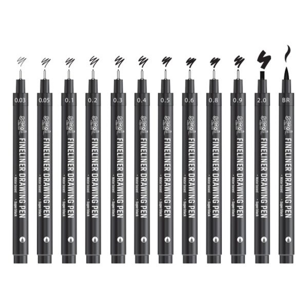 Fineliner, diferite dimensiuni 0.03-2 mm + varf tip pensula, 12 buc/set - S-COOL - imagine 4