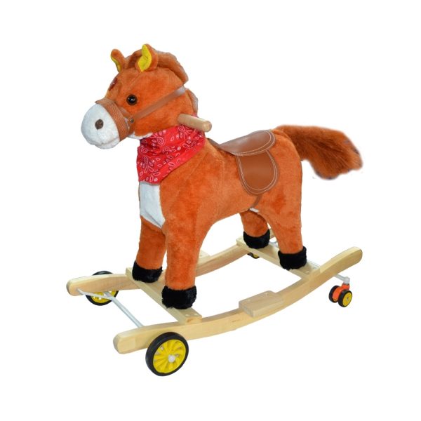 Calut balansoar, lemn + plus, roz/caramiziu/maro, cu rotile, 61 cm - imagine 2