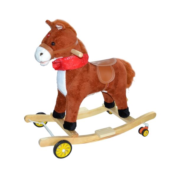 Calut balansoar, lemn + plus, roz/caramiziu/maro, cu rotile, 61 cm - imagine 4