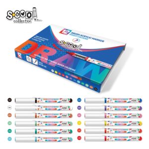 Markere cu vopsea acrilica, varf tip pensula, 12 buc/set - S-COOL