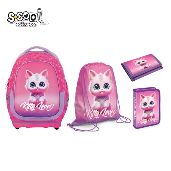 Set Micul Scolar: Ghiozdan, Penar echipat, Sac Sport, Portofel, Kitty Love - S-COOL